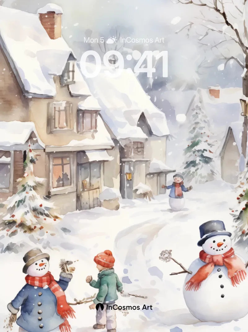 Whispering Snowfall Wallpaper with Playful Snowmen