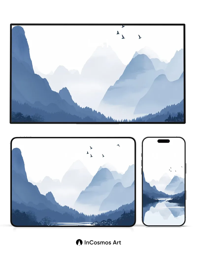 Mist-Weave Mountain Wallpaper with Floating Birds