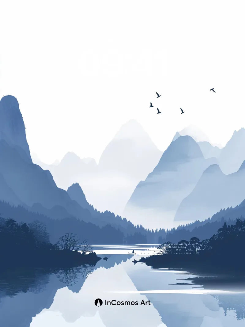 Mist-Weave Mountain Wallpaper with Floating Birds