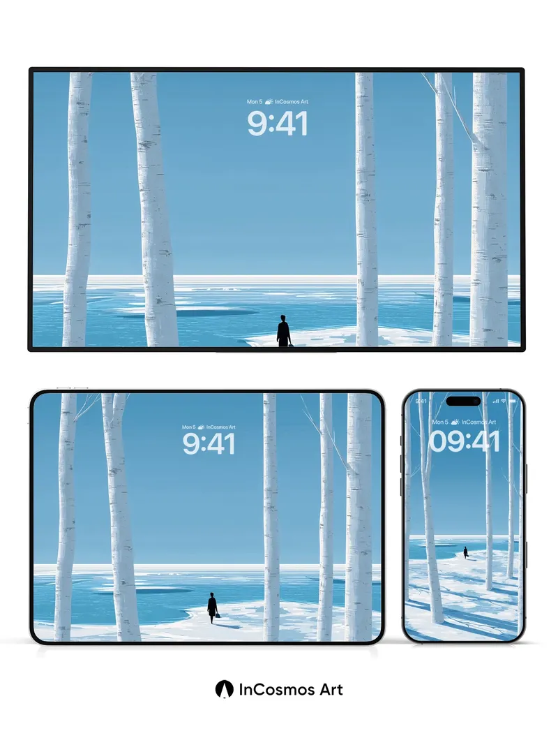 Silent Birch Forest Wallpaper with Frozen Horizon