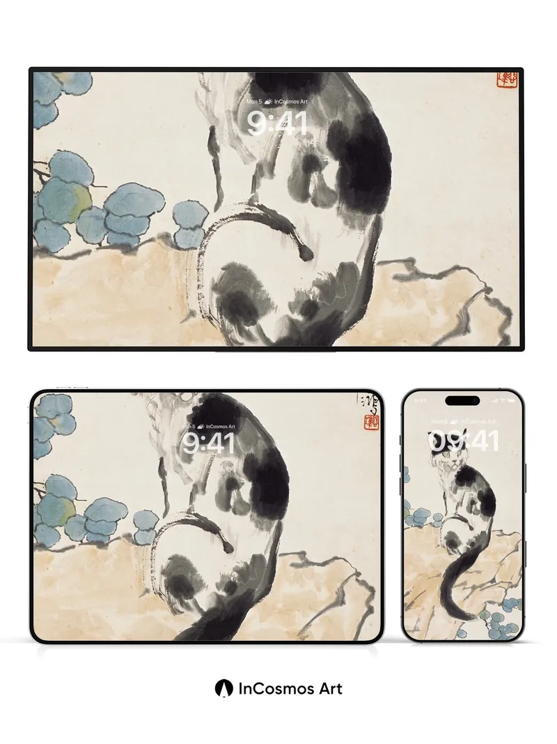 Ink Whisper Cat Wallpaper with Stone and Berry Motifs