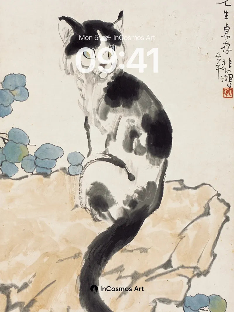 Ink Whisper Cat Wallpaper with Stone and Berry Motifs