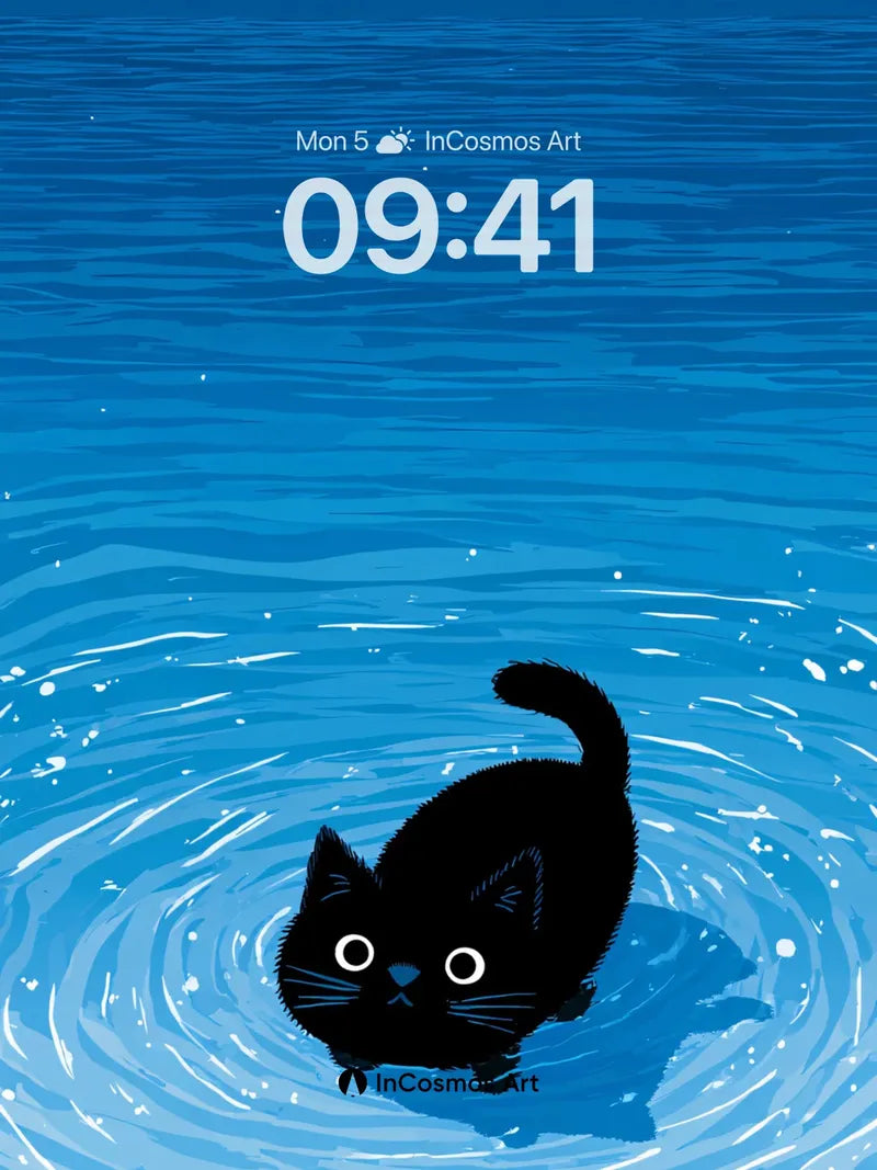 Midnight Ripple Wallpaper with Floating Feline wallpaper for iPhone, iPad & Mac