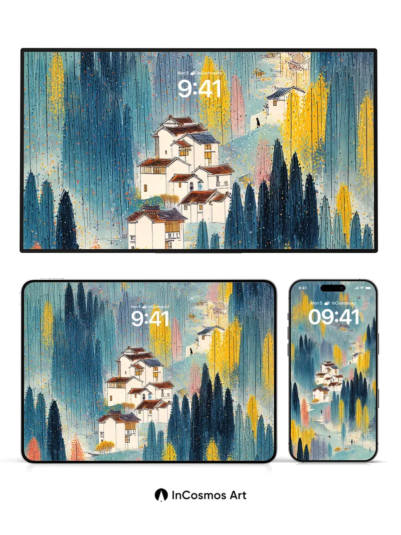 Serene Forest Hues Wallpaper with Ink-Washed Villages