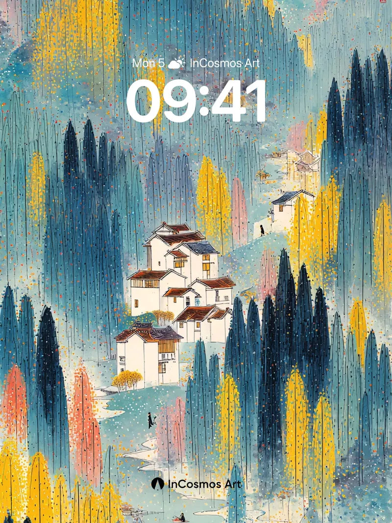 Serene Forest Hues Wallpaper with Ink-Washed Villages