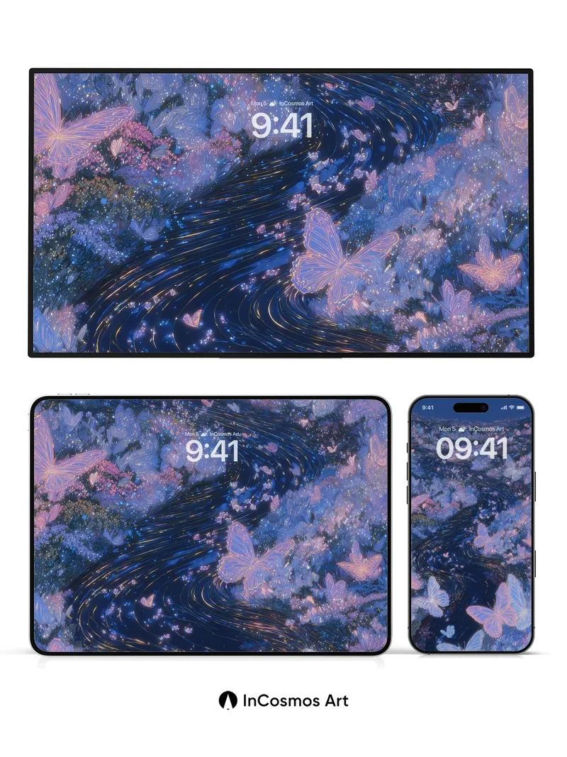 Luminous River Wallpaper with Fluttering Wings