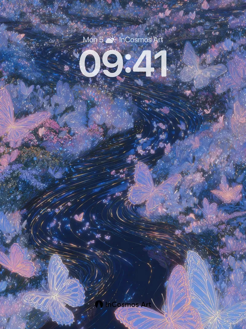 Luminous River Wallpaper with Fluttering Wings