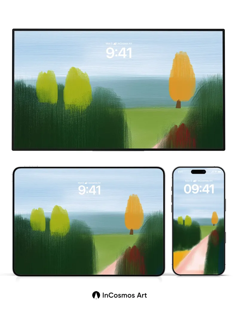 Serene Pathway Wallpaper with Golden Tree Echo