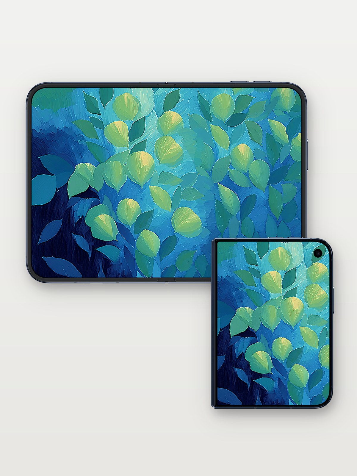 Ethereal Leaves Gradient Wallpaper on iPhone Duo, open and closed