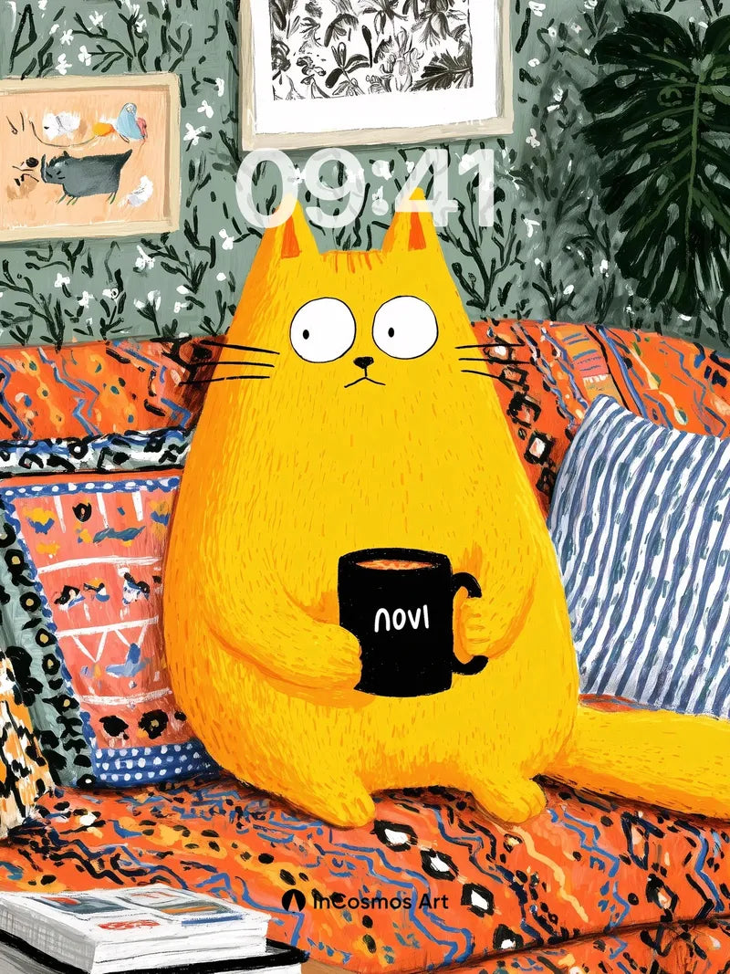 Whimsical Orange Cat Wallpaper with Patterned Couch wallpaper for iPhone, iPad & Mac