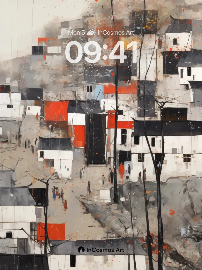 Whispering Village Wallpaper with Ink-Splashed Trees