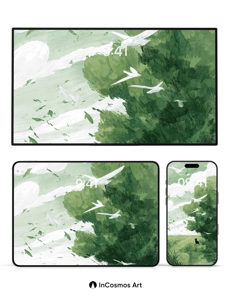 Whispering Canopy Wallpaper with Floating Feathers