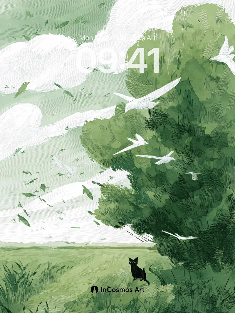 Whispering Canopy Wallpaper with Floating Feathers