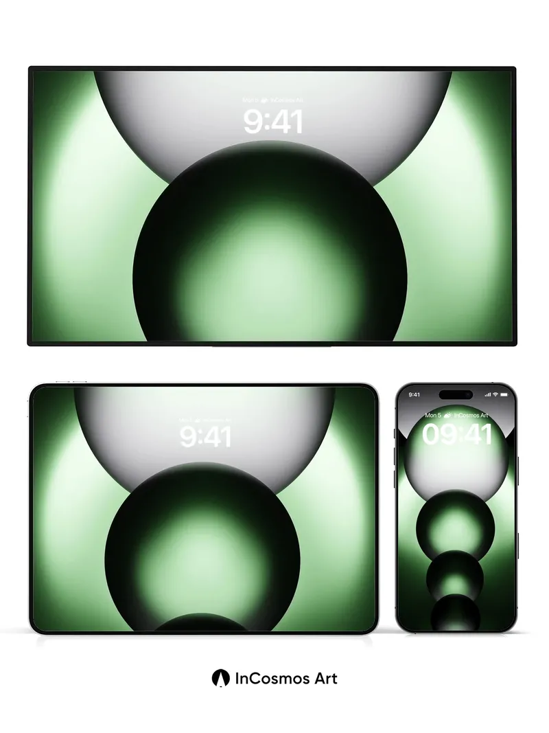 Emerald Hush Wallpaper with Floating Spheres