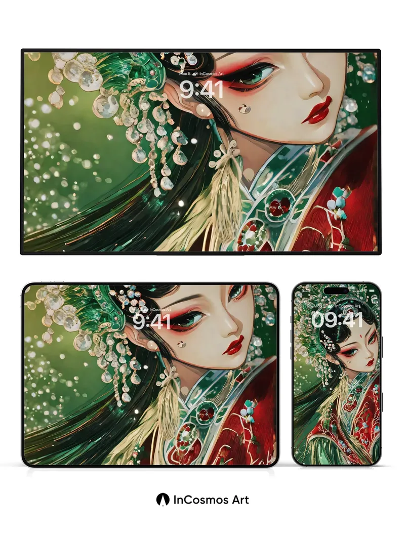 Emerald Reverie Wallpaper with Pearl-Adorned Crown