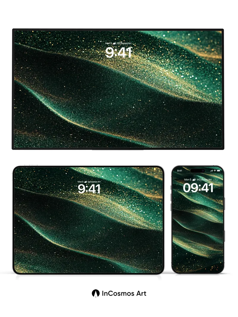 Emerald Drift Wallpaper with Golden Dust Trails