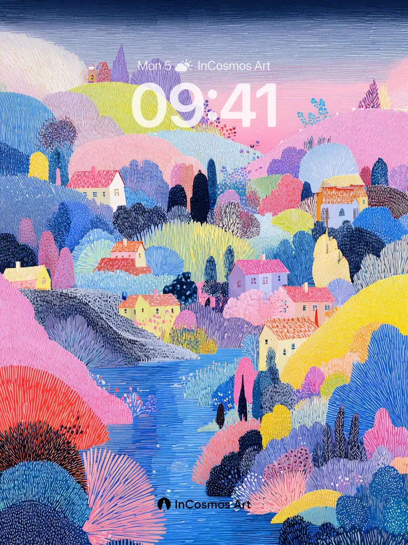 Pastel Village Dream Wallpaper with Textured Hills wallpaper for iPhone, iPad & Mac