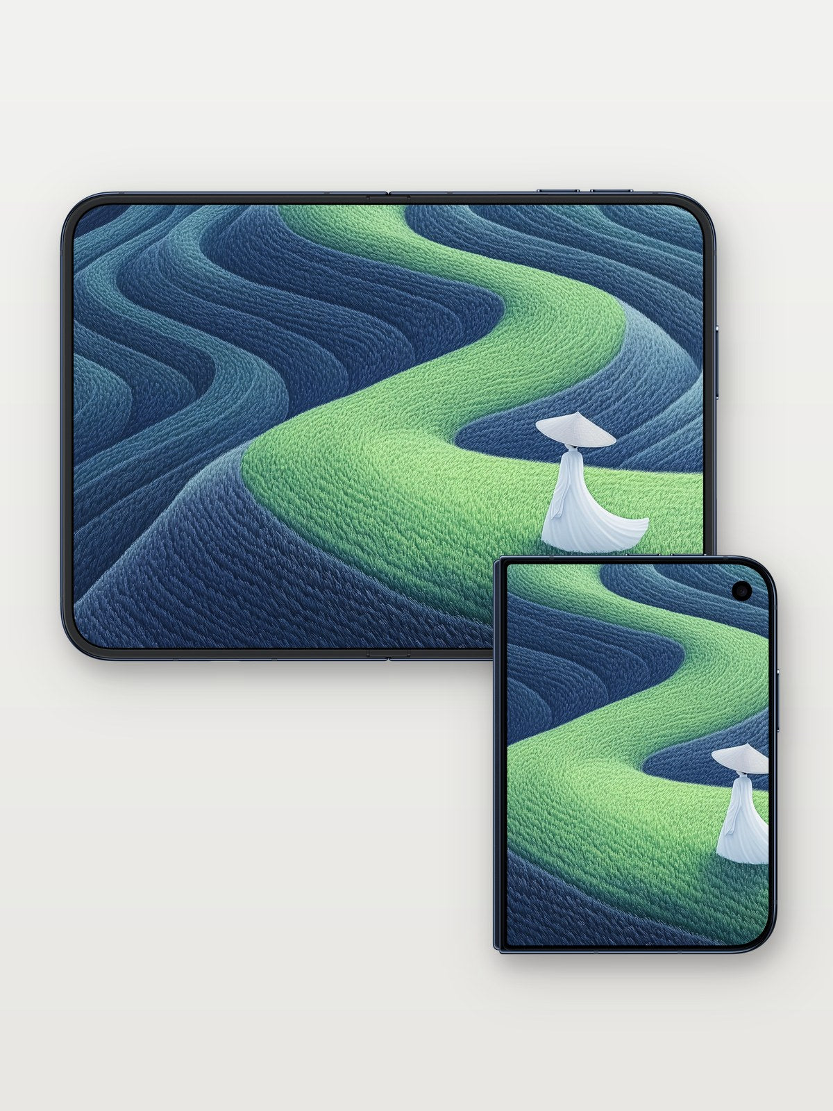 Serenity Wave Wallpaper with Floating Cloak on iPhone Duo, open and closed