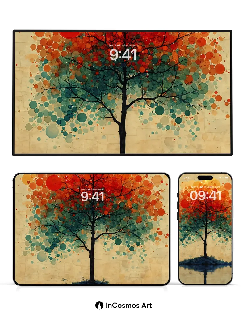 Surreal Autumn Tree Wallpaper with Floating Circles