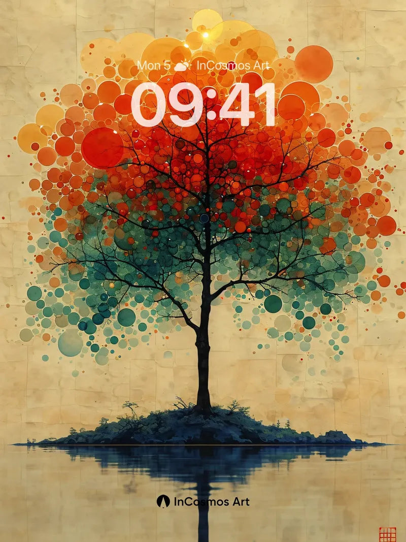 Surreal Autumn Tree Wallpaper with Floating Circles