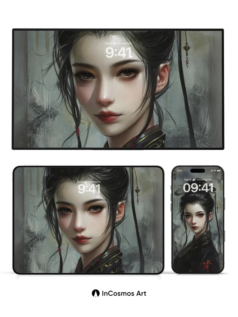 Mist-Silk Portrait Wallpaper with Ink-Brush Echoes