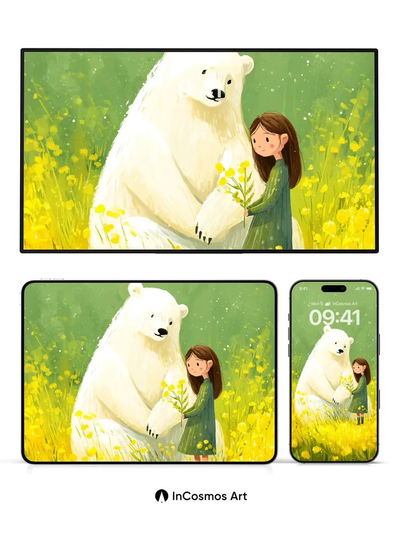 Serenity in Yellow Fields Wallpaper with Polar Bear Embrace