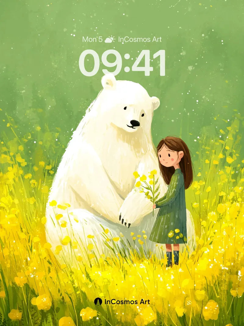 Serenity in Yellow Fields Wallpaper with Polar Bear Embrace wallpaper for iPhone, iPad & Mac
