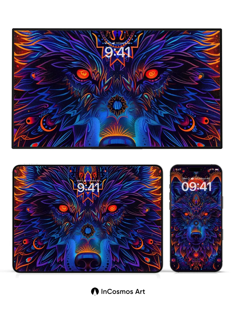 Cosmic Wolf Wallpaper with Neon Mandala