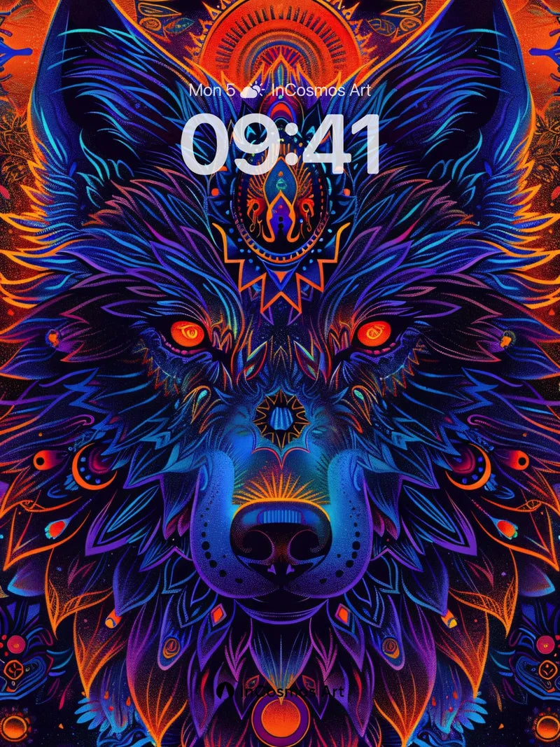 Cosmic Wolf Wallpaper with Neon Mandala