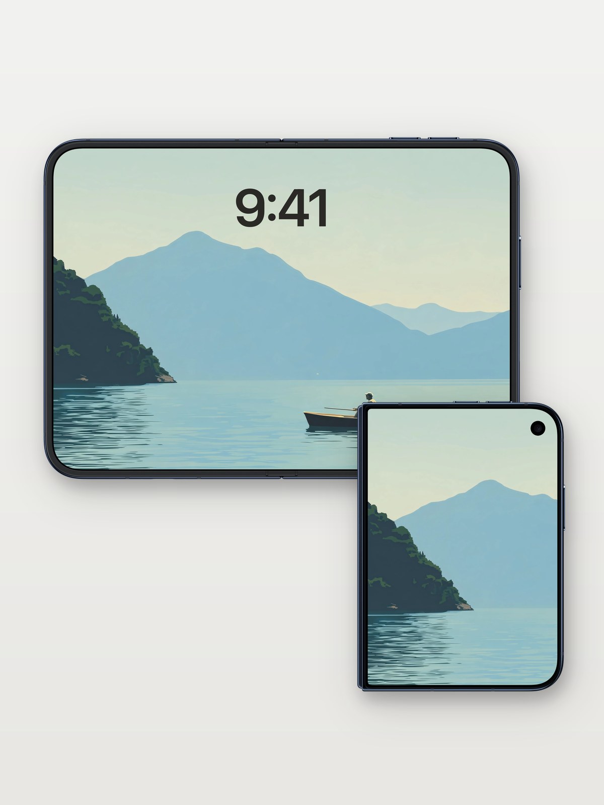Tranquil Lake Serenity Wallpaper with Misty Mountain Backdrop on iPhone Duo, open and closed