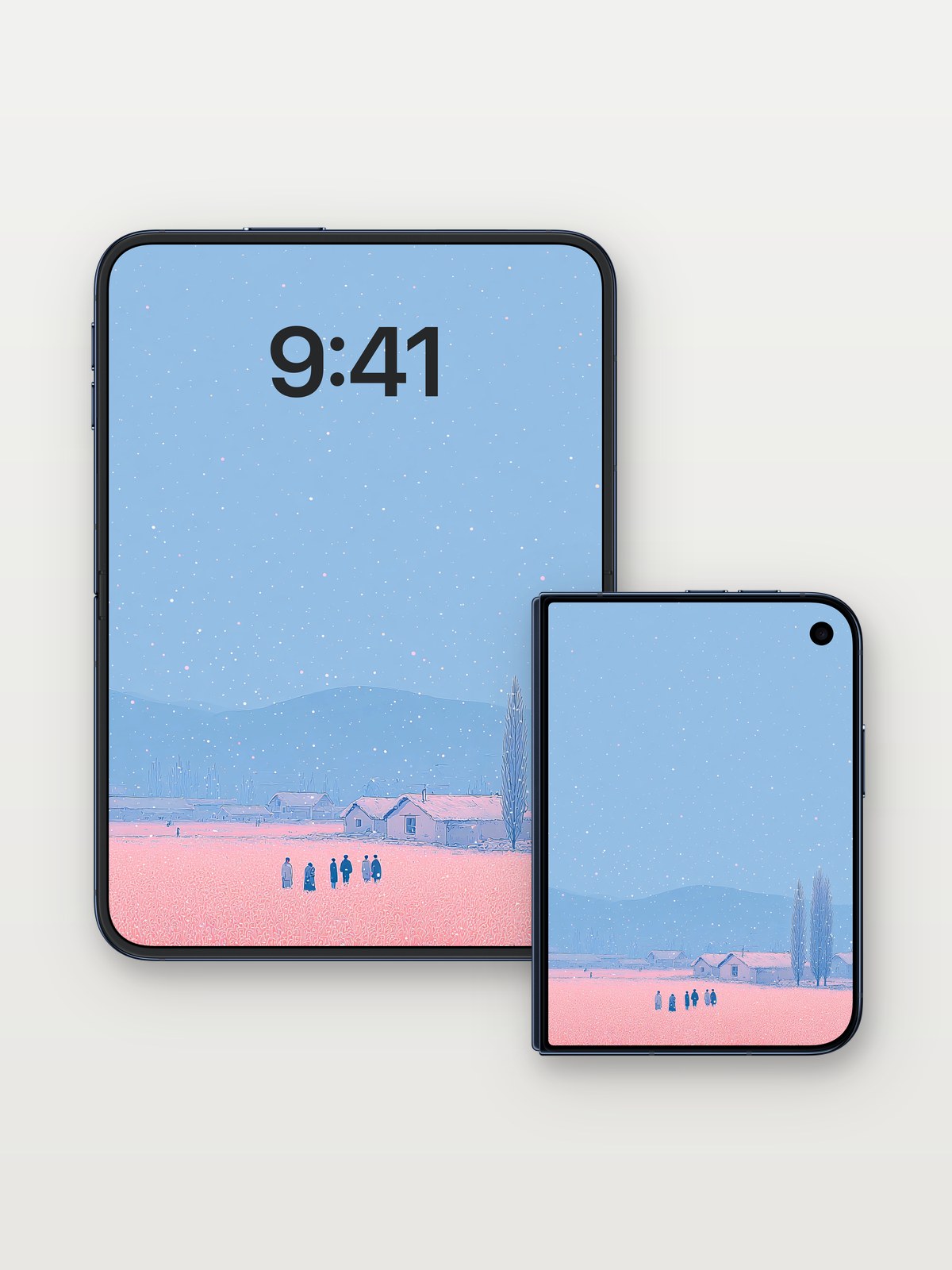 Quiet Winter Village Walk Background Wallpaper Aesthetic on iPhone Duo, open and closed