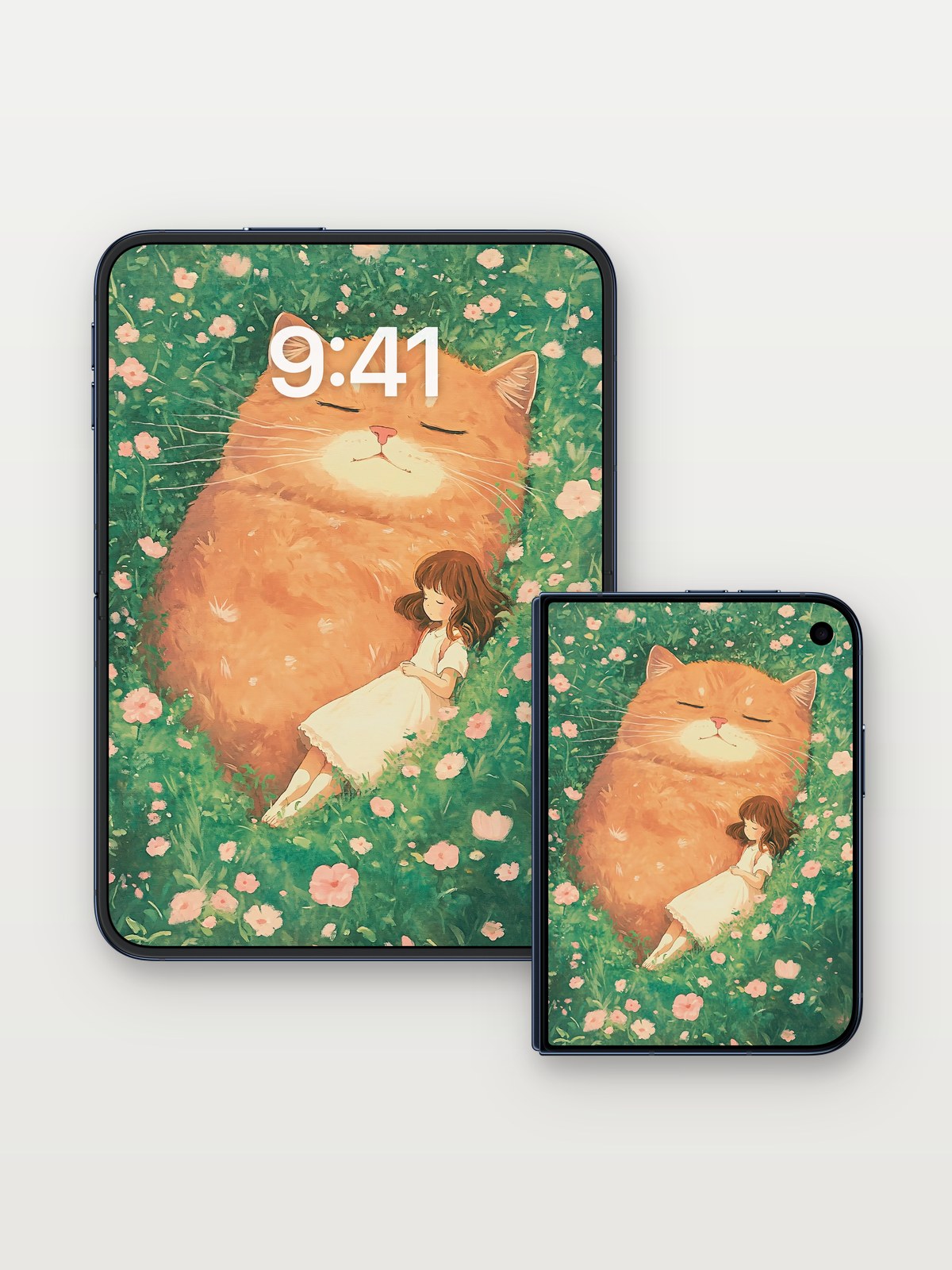 Serenity in Fur Wallpaper with Sleeping Giant on iPhone Duo, open and closed