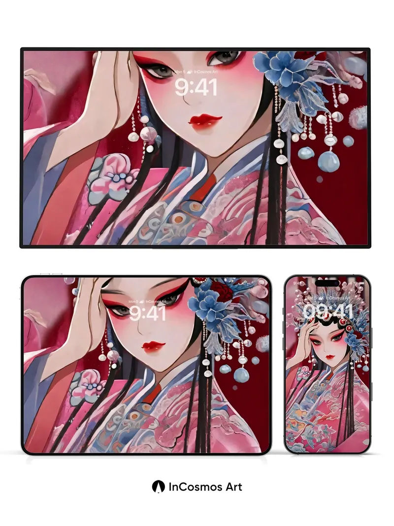 Crimson Reverie Wallpaper with Pearl-Adorned Headdress