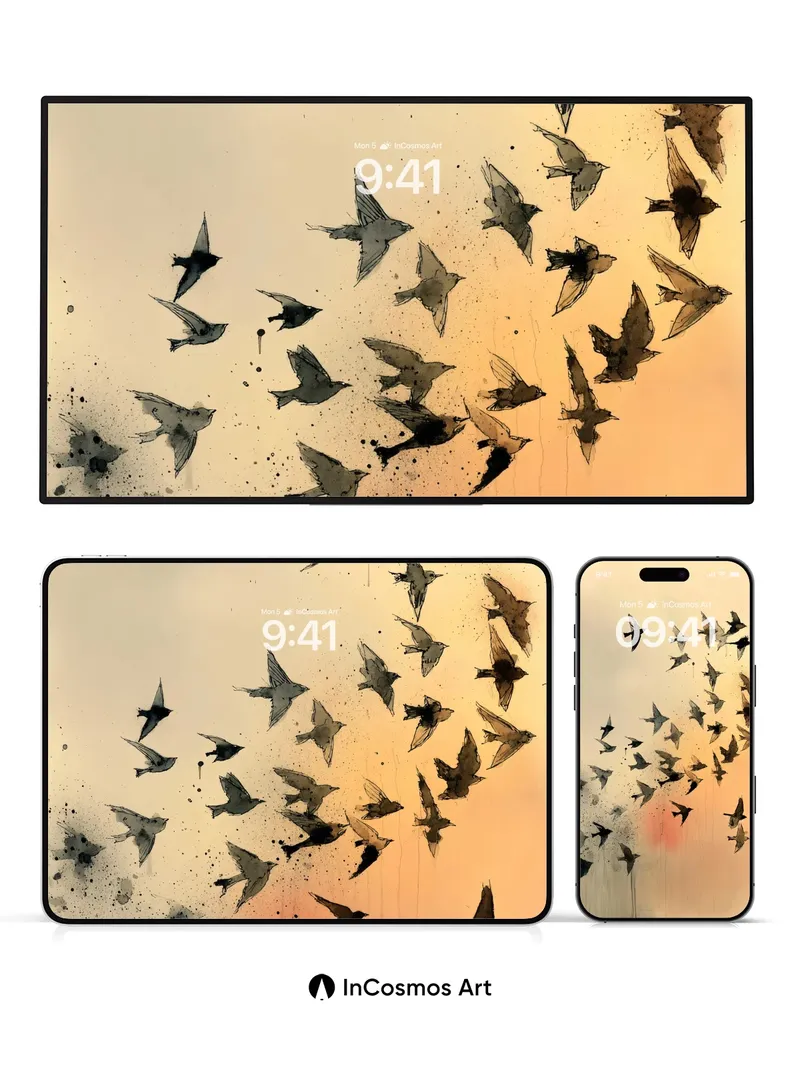 Silhouetted Flight Wallpaper with Ink Splatter Echo