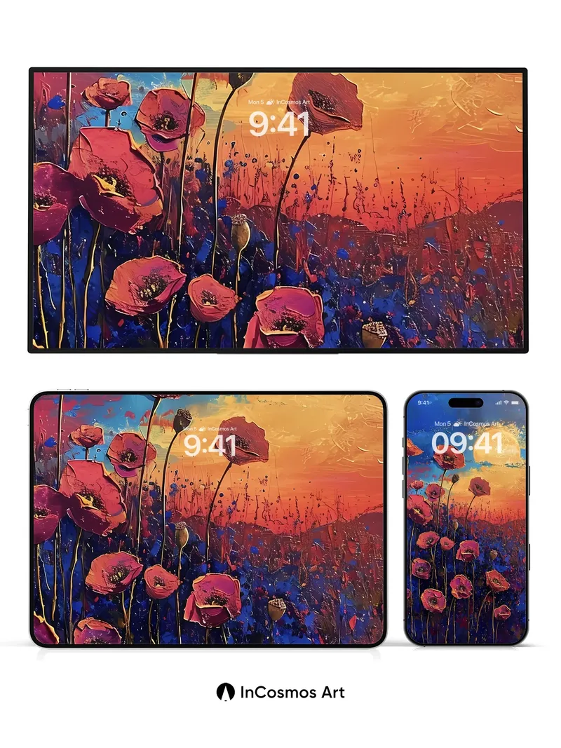 Surreal Poppy Field Wallpaper with Golden Moonlight