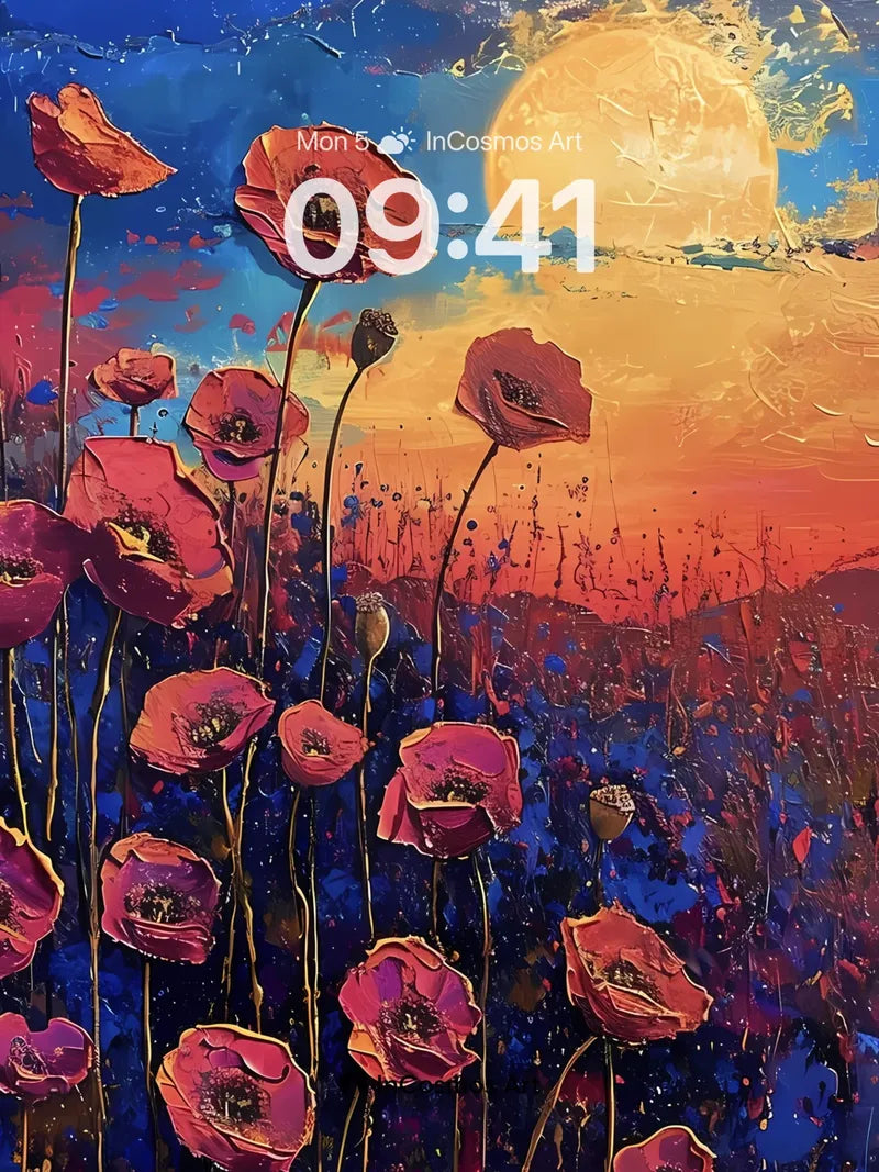 Surreal Poppy Field Wallpaper with Golden Moonlight