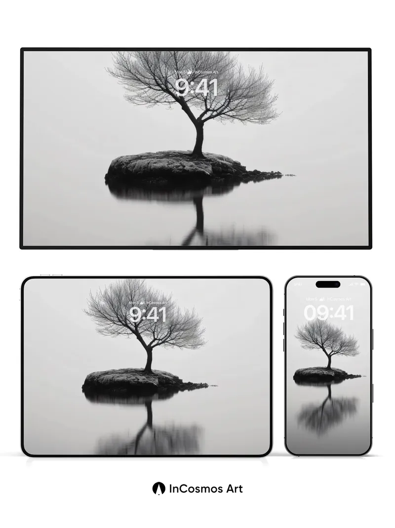 Serenity Solitary Tree Wallpaper with Mirror Water