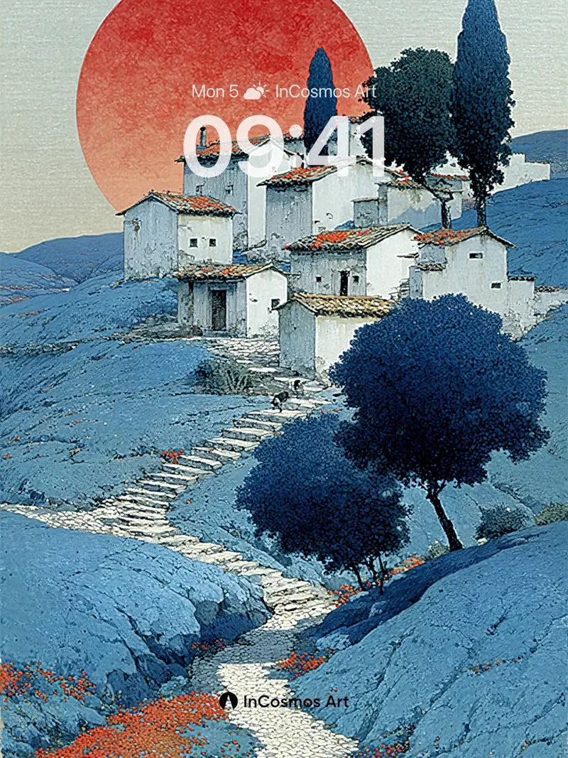 Crimson Sunset Wallpaper with Stone Pathways