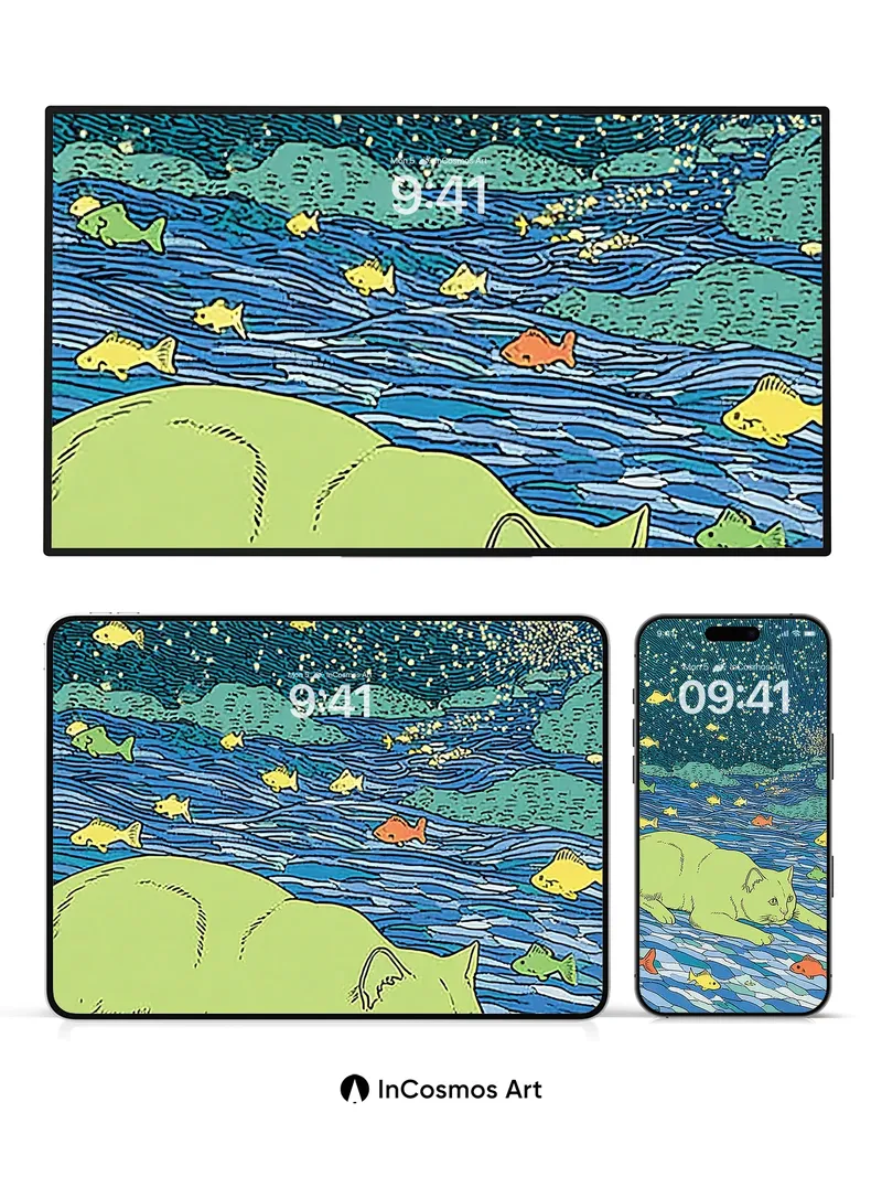 Luminous Abyss Wallpaper with Starlit Cat