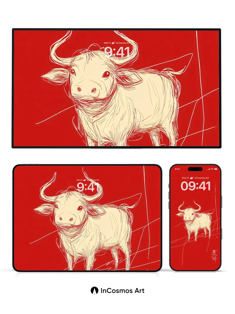 Silent Ox Wallpaper with Calligraphic Lines