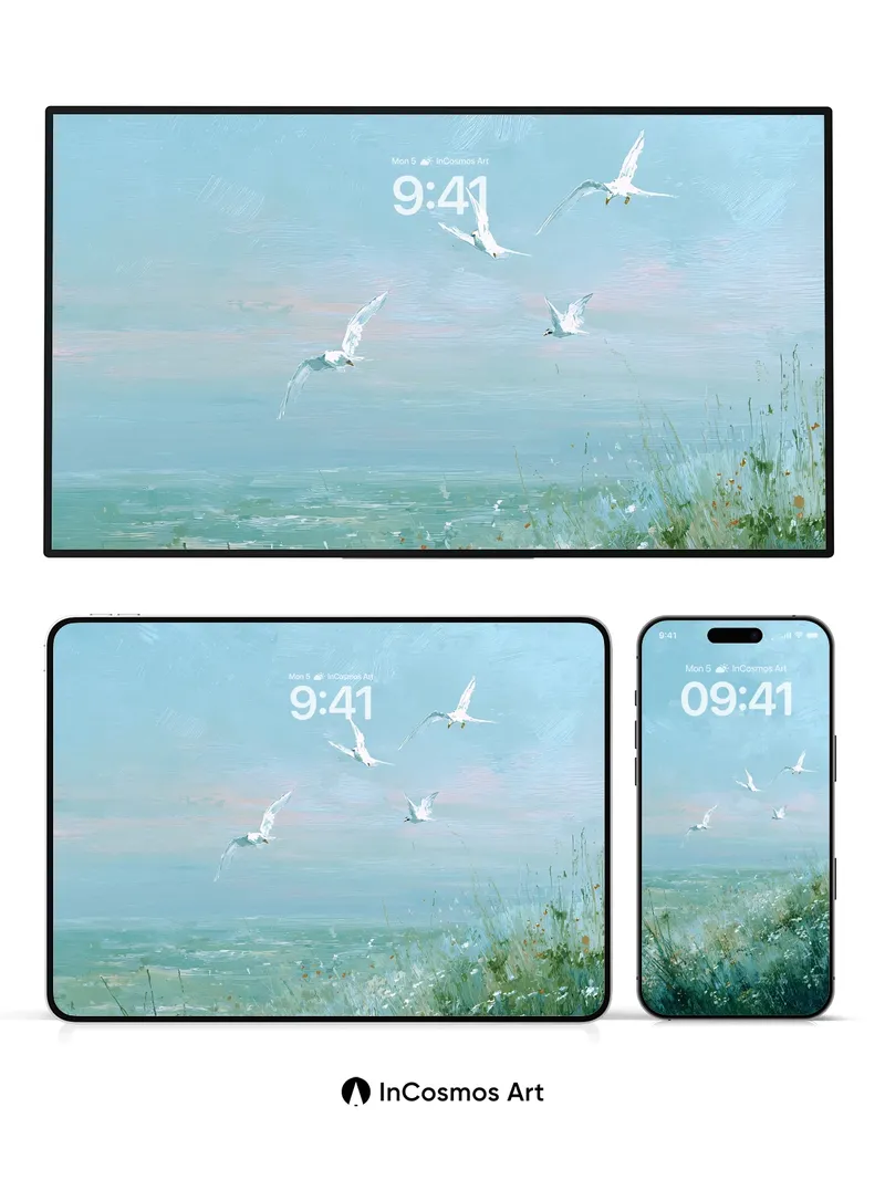 Serene Skyward Flight Wallpaper with Soft Meadow Hues
