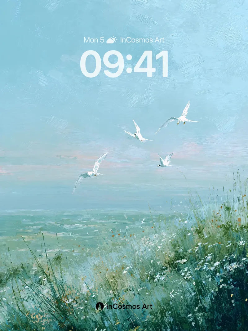 Serene Skyward Flight Wallpaper with Soft Meadow Hues wallpaper for iPhone, iPad & Mac