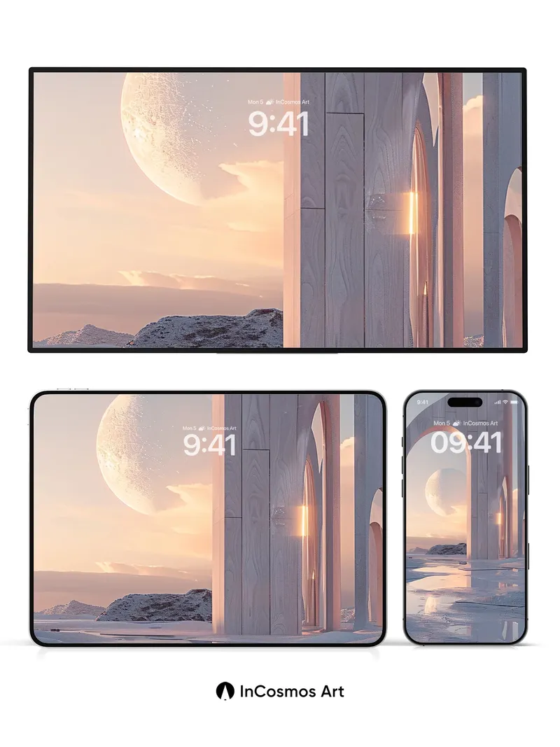 Serene Lunar Arch Wallpaper with Reflective Snow