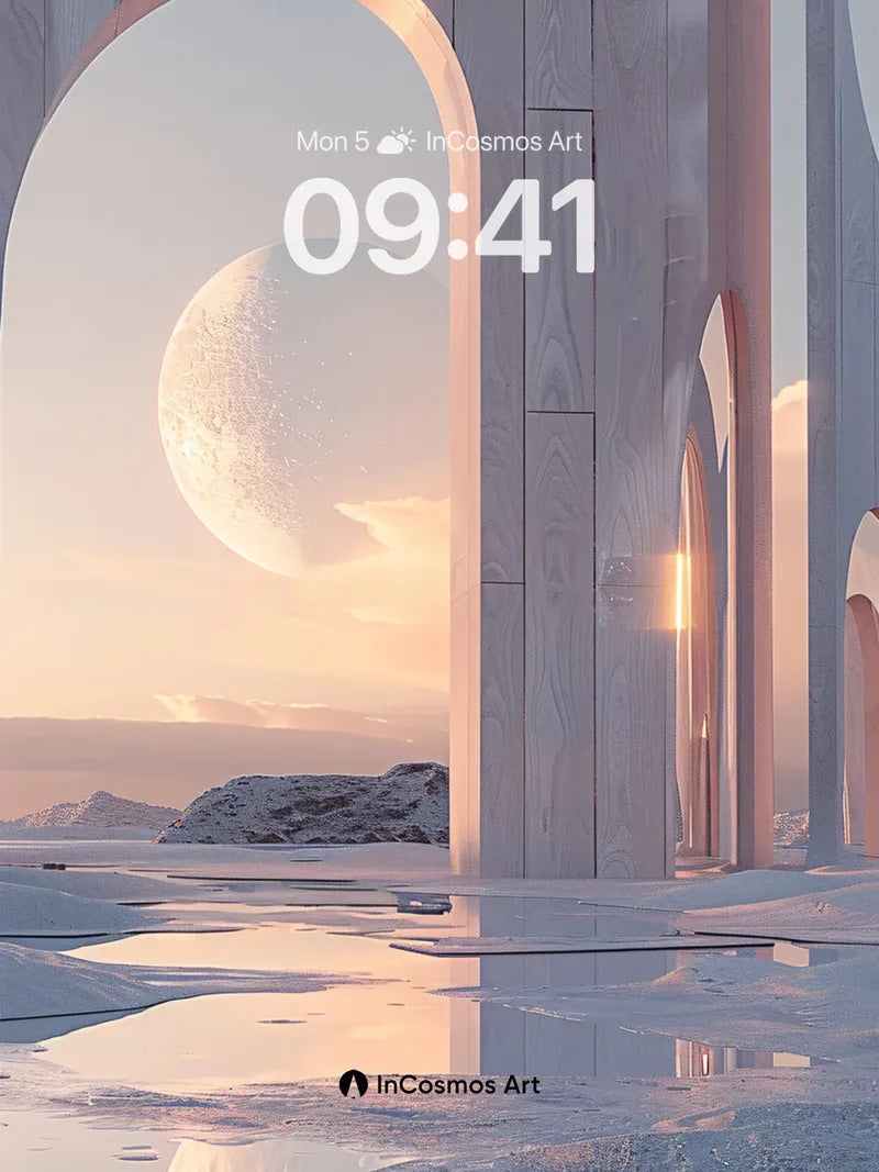 Serene Lunar Arch Wallpaper with Reflective Snow