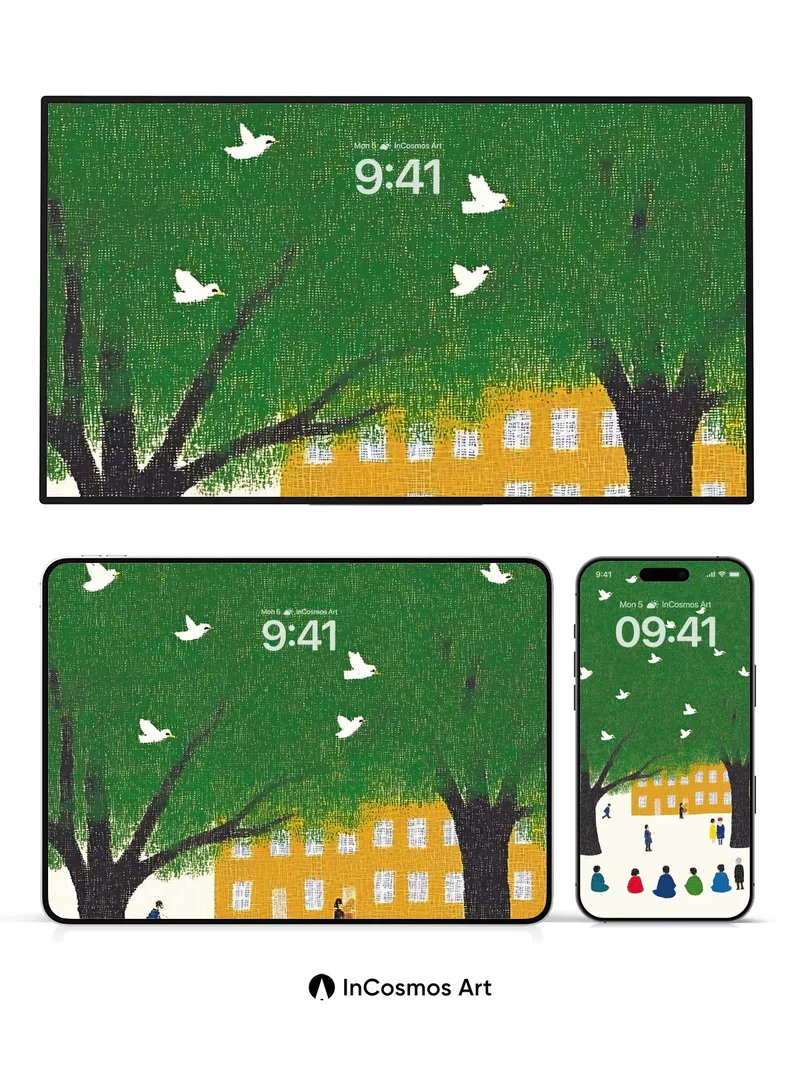 Whispering Canopy Wallpaper with Floating Birds