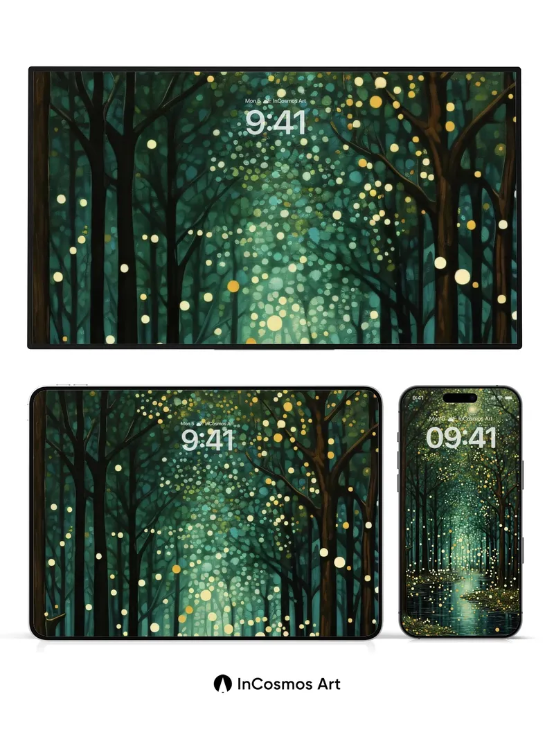 Luminous Forest Wallpaper with Floating Light Orbs
