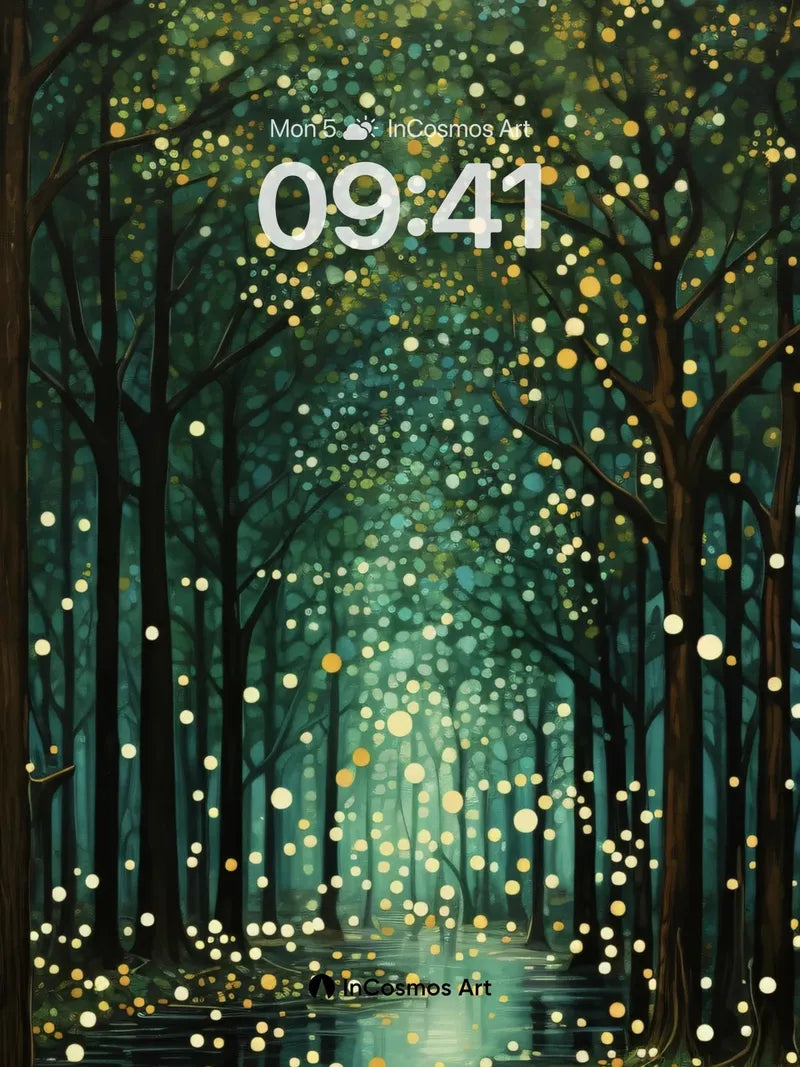 Luminous Forest Wallpaper with Floating Light Orbs