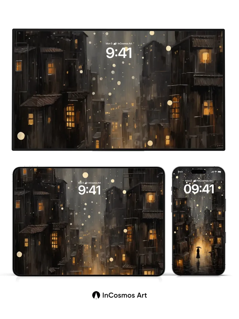 Luminous Rainfall Wallpaper with Silent Figure