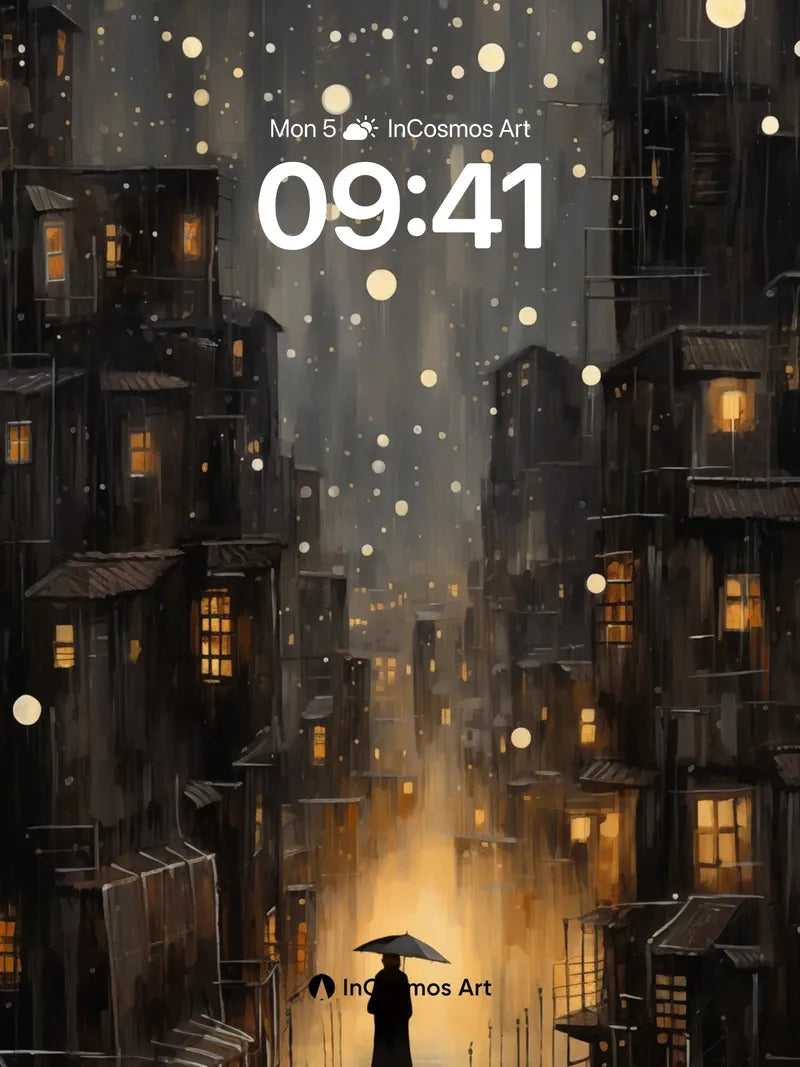 Luminous Rainfall Wallpaper with Silent Figure