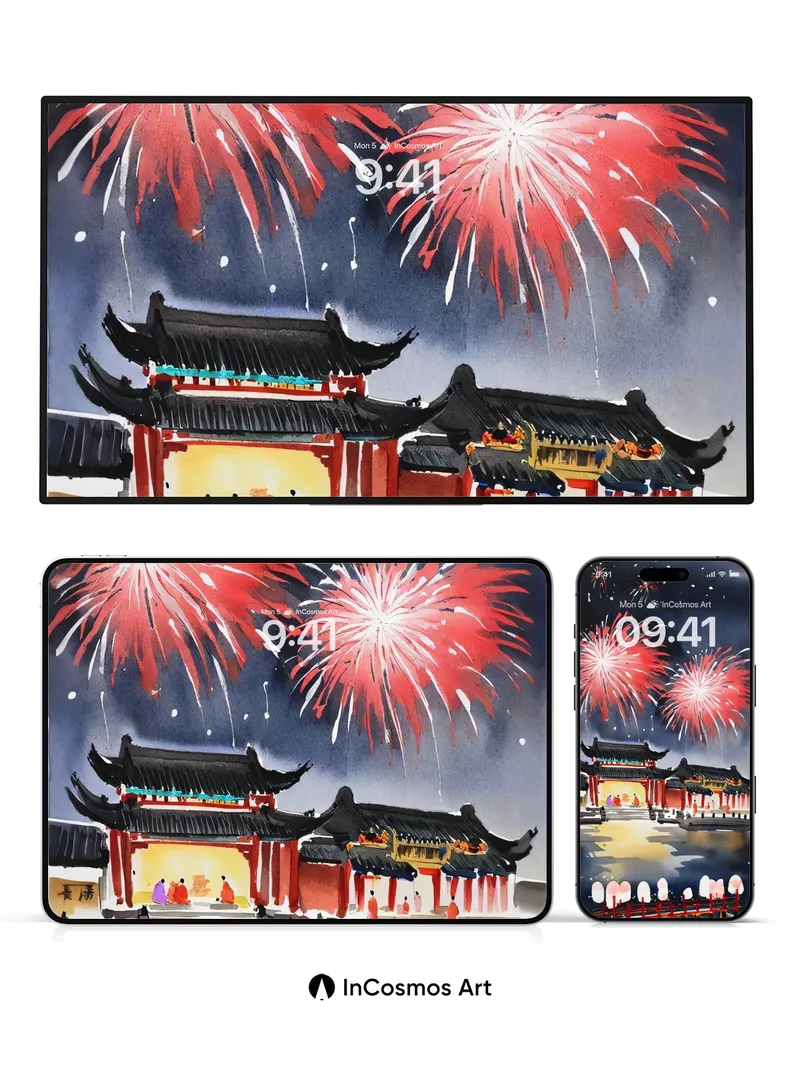 Firework Reverie Wallpaper with Ink-Washed Temples